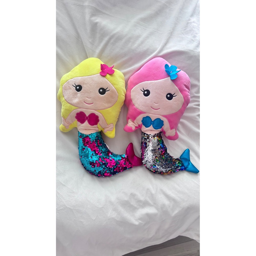 Pair 16" Mermaid Plush Dolls Reversible Sequin Tails Pink Yellow Hair